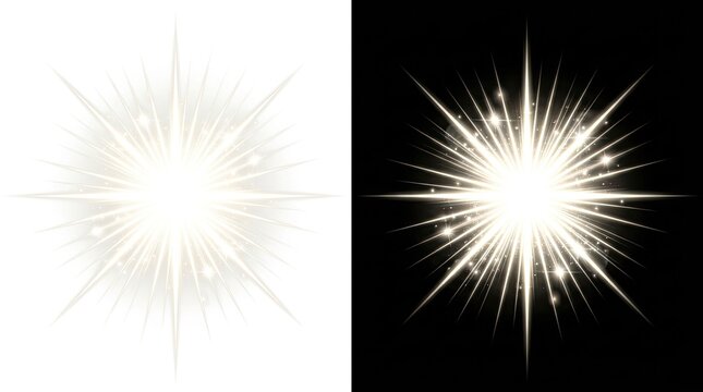A bright star burst light effect featuring glowing rays and sparkling particles on black and white backgrounds