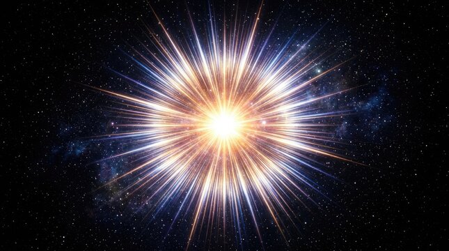 Abstract cosmic explosion background featuring a vibrant glowing light effect with radiating beams and particles in space