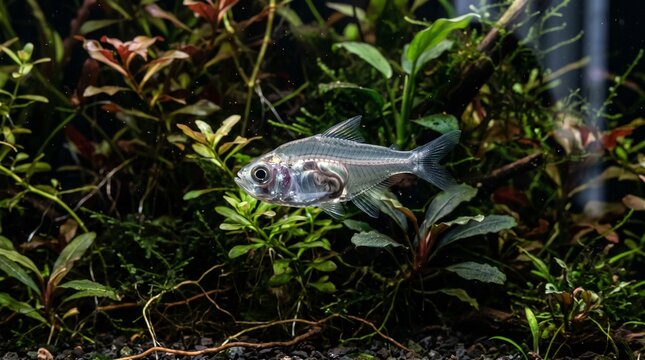 Transparent glass tetra fish swimming in a planted aquarium