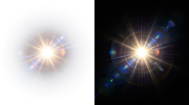 A bright star burst with a glowing light effect isolated on both white and black backgrounds for design