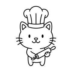 Fototapeta premium Cute cartoon cat chef wearing a hat and holding a rolling pin