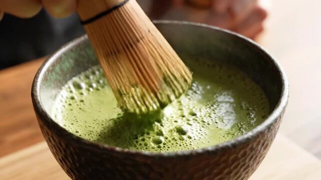 Whisking matcha green tea at a traditional Japanese tea house in Kyoto during afternoon preparation