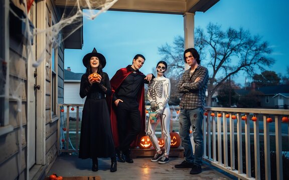 Group of friends in diverse halloween costumes standing together on a residential porch at dusk