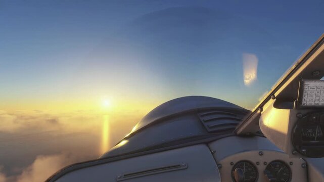 Stunning Aerial View from Small Aircraft Cockpit During Sunset and Engine Fail