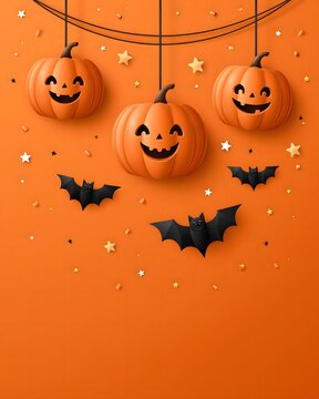 colorful Halloween party illustration with orange pumpkins hanging from decorative ropes, playful bats flying between them, confetti and tiny stars, vivid orange background, cheerful modern