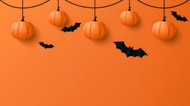 flat vector Halloween background featuring orange pumpkins hanging from curved ropes and black bats flying across a solid orange field, clean geometric shapes, modern seasonal business design,