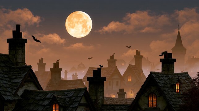 spooky Halloween village at night, glowing full moon above old rooftops, bats flying between chimneys, soft orange clouds, distant lanterns and atmospheric mist, cinematic realistic illustration,