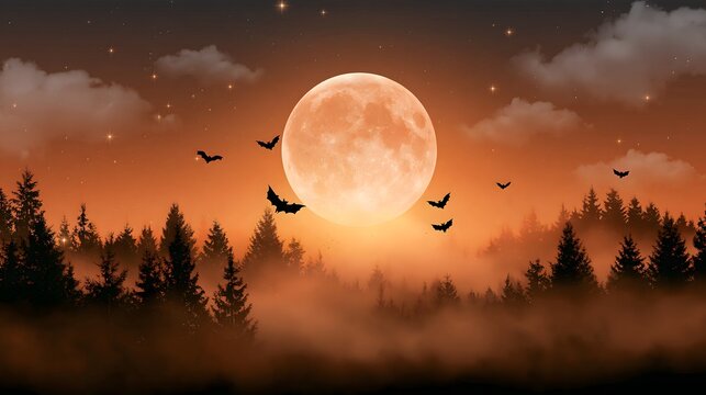 enchanted Halloween night background with giant glowing moon behind a mystical forest, numerous bats flying through illuminated mist, sparkling stars, drifting clouds and warm orange light, magical