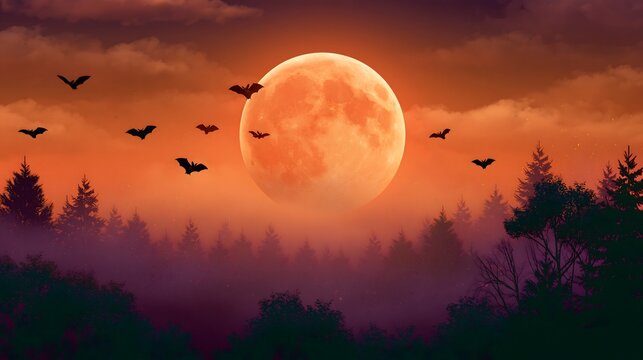 premium Happy Halloween animation background featuring a massive glowing full moon, dynamic flock of flying bats, layered clouds, atmospheric fog, subtle sparkling particles and dark forest