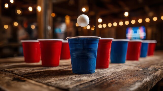 Beer pong game with red and blue plastic cups on wooden table, ping pong ball in mid-air, festive bar atmosphere with bokeh string lights