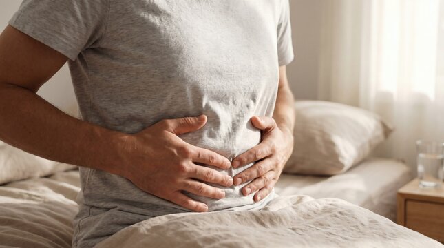 Man in grey t-shirt lying in domestic bed clutching painful abdomen suffering severe stomach cramps. Sick person experiencing acute gastroenteritis indigestion and gastrointestinal distress.