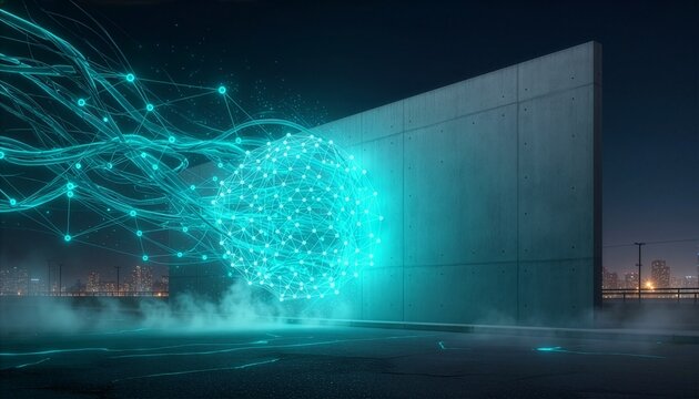 Glowing Network Sphere Colliding with Concrete Wall Outdoors Symbolizing AI Regulation and Stagnation