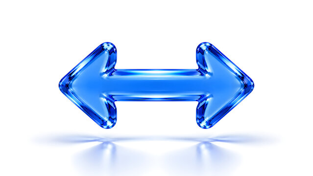 Blue doubleheaded arrow symbol made of glossy glass material isolated on white background