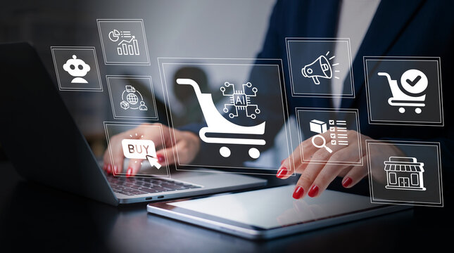 AI ecommerce automation and online shopping platform concept showing smart cart, chatbot, marketing icons, store management, sales analytics, workflow tool, digital retail growth, business technology