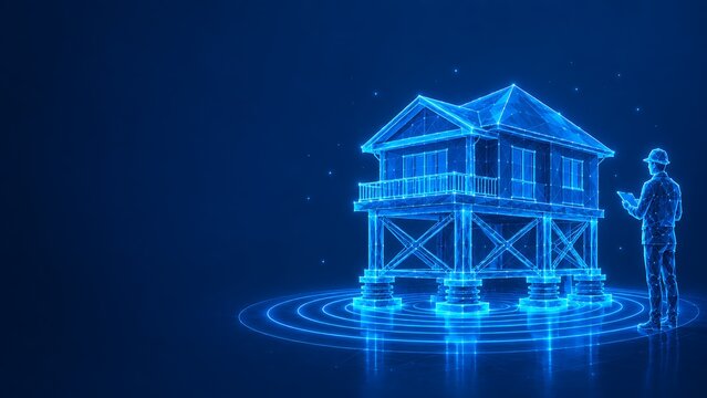 Digital visualization of a stilt structure being analyzed by a person with a holographic device. disaster risk reduction visualization structure analyzed. disaster risk reduction