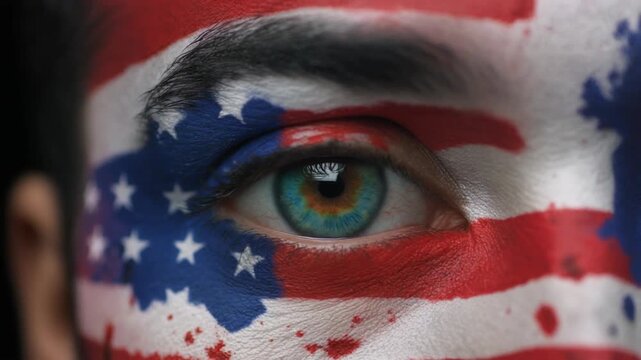Extreme macro photorealistic footage of a fictional adult male rugby player's eye, intense green iris with patriotic face paint