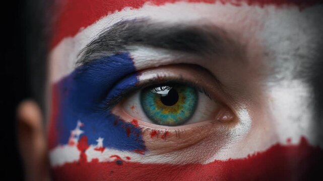 Extreme macro photorealistic footage of a fictional adult male rugby player's eye, vibrant cyan iris with American flag face paint