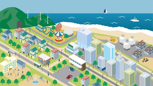 海の見える街のアイソメトリックイラスト 電車や車や船が行き交い波と風車が動くループアニメーション