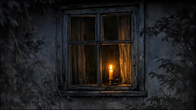 A lit candle is placed on a window sill, casting a warm glow