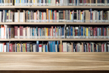 empty wooden table top blurred library or book store setting with books and reading material.Wooden tabletop over defocused bookcase background. product promotion in the library © ATRPhoto