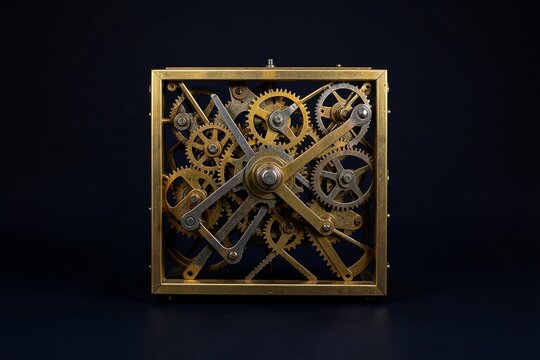 Intricate brass clock mechanism with gears and cogs on dark background