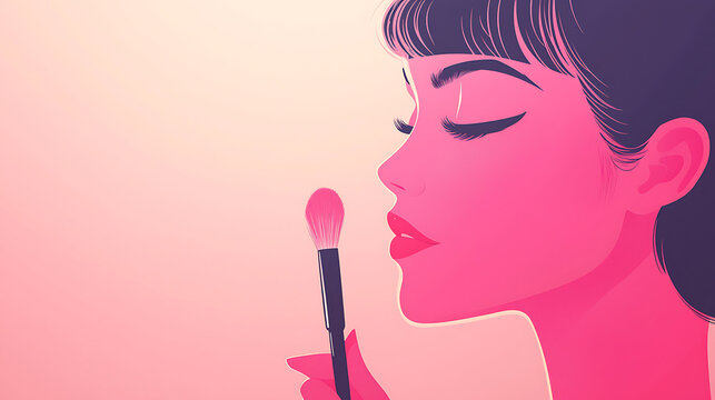 Charming vector illustration of a young woman applying makeup with a cosmetic brush in soft pink tones