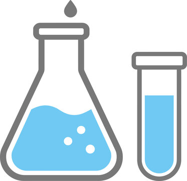 Laboratory glassware illustration with conical flask and test tube containing blue liquid symbolizing chemistry