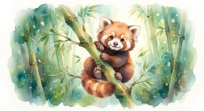 Adorable watercolor illustration of a cute red panda hanging on a bamboo stalk