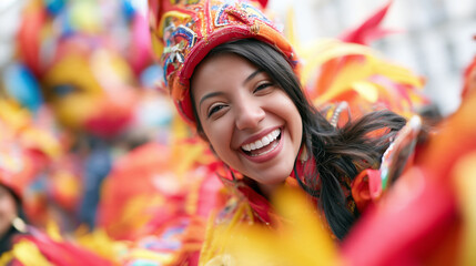 Obraz premium Joyful Young Woman Wearing Vibrant Traditional Attire Celebrating During The Annual Carnaval De San Miguel Street Festival In A Colorful Parade Atmosphere