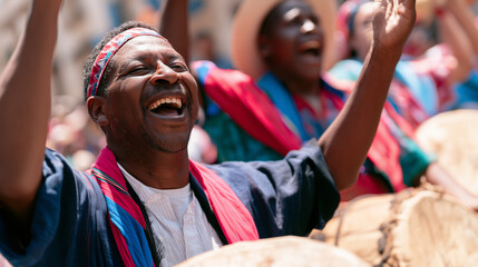 Obraz premium Cheerful Afro-descendant Drummer Participating in the Vibrant Musical Celebration of the Carnaval de San Miguel Featuring Energetic Street Performers