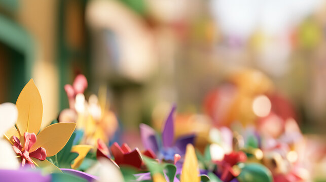 Vibrant Floral Decorations Capturing the Festive Essence of the Carnaval de San Miguel Celebration in a Blurred Artistic Street Scene