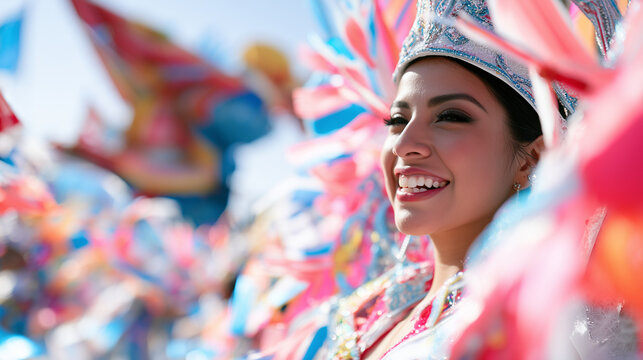 Joyful Portrait of a Beautiful Dancer Celebrating During the Vibrant and Colorful Carnaval de San Miguel Street Parade Festival