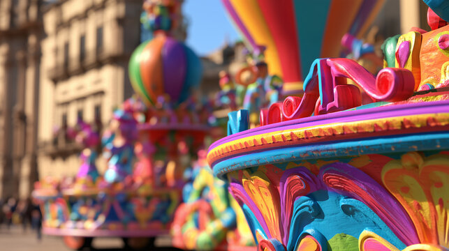 Vibrant Festive Floats Displaying Artistic Craftsmanship During the Celebratory Carnaval de San Miguel Parade in a Historic City Square Setting
