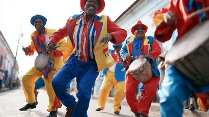 Obraz premium Joyful traditional musicians performing at the vibrant Carnaval de San Miguel street parade celebration with rhythmic drumming and colorful festive costumes