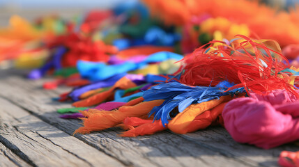 Obraz premium Vibrant multicolored ribbons and festive fabric decorations scattered on a rustic wooden pier representing the spirit of Carnaval de San Miguel celebration