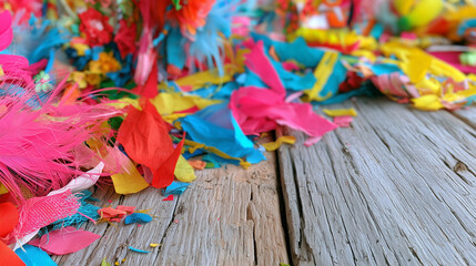 Obraz premium Festive Decoration Inspired by the Vibrant Spirit of Carnaval de San Miguel Featuring Colorful Confetti and Feathers Scattered on a Rustic Wooden Surface