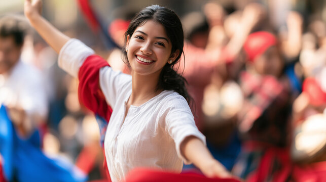 Vibrant Joyful Young Woman Celebrating During the Lively Carnaval de San Miguel Cultural Festival Filled with Festive Energy and Traditional Spirit