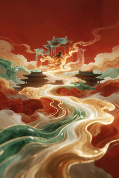 Chinese myth illustration, ancient oriental temples floating among rolling red and green auspicious clouds, immortal figure in golden flowing robe, glowing golden river of light, traditional red tone 
