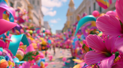 Obraz premium Vibrant and festive celebration atmosphere during the iconic Carnaval de San Miguel featuring colorful flowers and decorations in a street parade