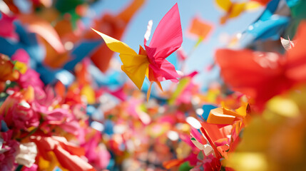 Obraz premium Vibrant paper butterflies and festive colorful decorations filling the sky during a lively celebration inspired by the Carnaval de San Miguel tradition