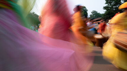 Fototapeta premium Vibrant Motion Blur Captures the Energetic Spirit and Cultural Rhythm of the Traditional Street Parade at the Annual Carnaval de San Miguel Celebration
