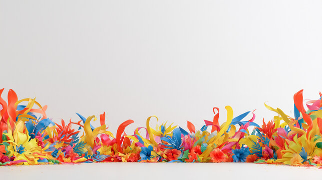 Vibrant Paper Art Craft Inspired by the Festive Energy of Carnaval de San Miguel Featuring Colorful Cascading Swirls on a Clean Minimalist Background