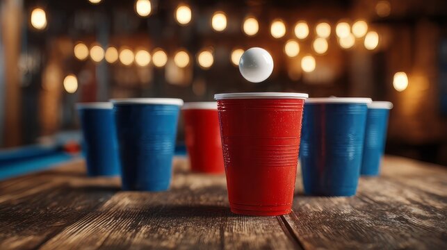 Beer pong game with red and blue plastic cups, ping pong ball in mid-air above wooden table, festive bar atmosphere with bokeh string lights