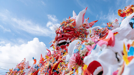 Obraz premium Vibrant artistic masks displayed during the traditional Carnaval de San Miguel celebration featuring intricate colorful handmade paper decorations