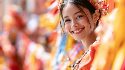 Obraz premium Radiant young woman with traditional decorations celebrating during the vibrant and joyous atmosphere of the festive Carnaval de San Miguel street parade