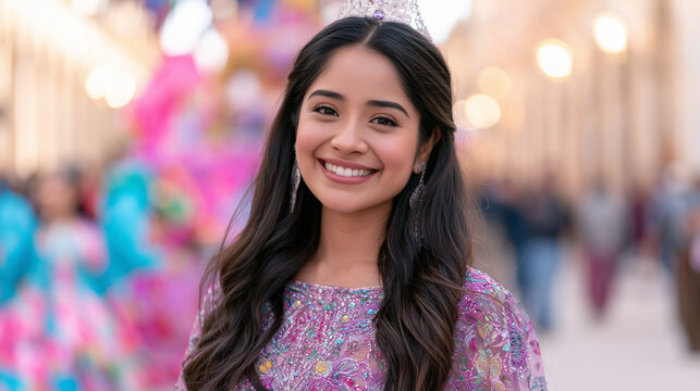 A Radiant Young Queen Smiling Gracefully While Celebrating During The Colorful And Traditional Festivities Of The Carnaval de San Miguel Street Parade