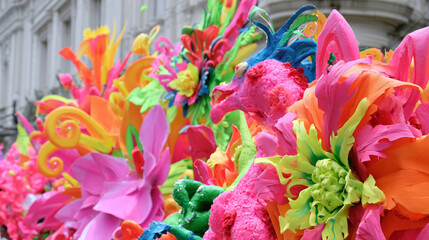 Obraz premium Vibrant and colorful floral decorations showcased during the festive Carnaval de San Miguel celebration depicting artistic creative street parade designs