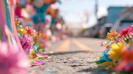 Obraz premium Vibrant Low Angle Perspective of Festive Street Decorations and Colorful Floral Displays During the Lively Carnaval de San Miguel Celebration