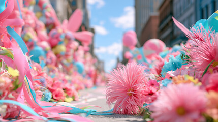 Obraz premium Vibrant Floral Display Celebrating the Festive Spirit of Carnaval de San Miguel With Colorful Ribbons and Blossoms on a Sunny City Street
