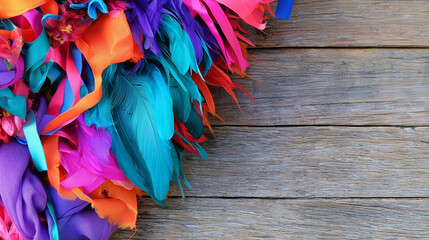 Obraz premium Vibrant Festive Decorative Feathers and Colorful Ribbons Celebrating the Spirit of the Carnaval de San Miguel on Rustic Weathered Wooden Background Texture